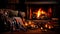 cozy winter celebration with a fireplace, warm blankets, and candles casting a soft, sparkling glow.