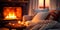 cozy winter celebration with a fireplace, warm blankets, and candles casting a soft, sparkling glow.