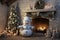 Cozy winter cottage interior with plush snowman decoration during the christmas holiday season