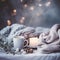 Cozy winter decorative composition in white and beige colors, warm winter decor with coffee cup and candles on white
