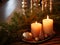 Cozy winter home decor arrangement with burning candles, holiday room interior decorations