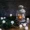 Cozy winter home. Lantern, candle, garland