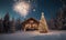 A cozy winter landscape with bright houses in the snow. Glowing Christmas tree and fireworks