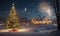 A cozy winter landscape with bright houses in the snow. Glowing Christmas tree and fireworks