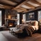 A cozy winter lodge bedroom featuring a roaring fireplace, plaid bedding, and fur accents1
