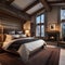 A cozy winter lodge bedroom featuring a roaring fireplace, plaid bedding, and fur accents2