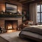 A cozy winter lodge bedroom featuring a roaring fireplace, plaid bedding, and fur accents5