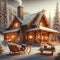 Cozy Winter Retreat: Cabin with Sleigh in Snowy Landscape