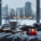 Cozy winter scene coffee, candle, book on bed with cityscape