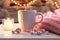 Cozy winter scene with a festive mug of cocoa