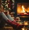 Cozy Winter Scene: Woman in Red Woolen Socks Enjoying Hot Tea by the Fireplace