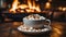 Cozy winter table with hot chocolate, marshmallows, and wood fire generated by AI