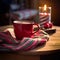 Cozy Winter Treat: Steaming Hot Chocolate on Wooden Table with Striped Scarf in Background