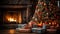 Cozy Wintertime Scene in a Living Room Warm Cozy Holiday Scene Crackling Fireplace, generative AI