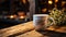 Cozy wood table, hot coffee, candle flame, winter romance generated by AI