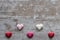 Cozy wooden background, with colorful hearts at the bottom, love concept, for Valentine`s Day, Mother`s Day, Father`s Day,
