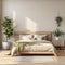 Cozy wooden bed near beige wall. Scandinavian interior design of modern bedroom with greenery