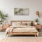 Cozy wooden bed near beige wall. Scandinavian interior design of modern bedroom with greenery