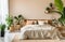 Cozy wooden bed near beige wall. Scandinavian interior design of modern bedroom with greenery. Created with generative AI