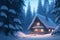 Cozy wooden cottage in winter forest surrounded by snow covered fir trees. Generative AI illustration