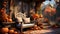 Cozy wooden house porch with chair, blanket, potted chrysanthemums and pumpkins. Decor of autumn. ai