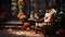 Cozy wooden house porch with chair, blanket, potted chrysanthemums and pumpkins. Decor of autumn. ai