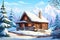 cozy wooden house on winter landscape