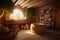 cozy wooden interior of a rustic pottery workshop with sunlight filtering through a large window