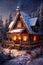 Cozy Wooden Log Cabin in a Snowy Winter Night