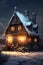 Cozy Wooden Log Cabin in a Snowy Winter Night