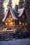 Cozy Wooden Log Cabin in a Snowy Winter Night