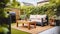 Cozy wooden table and soft sofa and grill placed in backyard with green garden near contemporary residential building, Generative