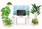 Cozy workplace with houseplants. Modern interior for home office with computer, cabinet, remote work, freelancing