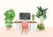 Cozy workplace with houseplants. Modern interior for home office with computer, cabinet, remote work, freelancing