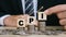 CPI, consumer price index symbol. hand holding wooden block with words CPI, consumer price index on dollar bills. Business and CPI