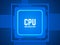 CPU chip on circuit board. Blue microprocessor and motherboard. Abstract technological concept. Processor and bright