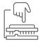 CPU soket thin line icon. Processor integrating to board with hand pointer symbol, outline style pictogram on white