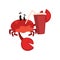 Crab character with paper cup of soda drink with straw, cute sea creature with funny face vector Illustration on a white