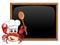 Crab chef mascot presenting teaching blank blackboard chalkboa