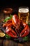 crab crawfish crayfish seafood glass food background bar snack beer red. Generative AI.