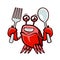 Crab holds fork and spoon. Seafood, cartoon vector illustration