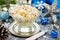 Crab salad with corn egg rice on festive decorated table for christmas or new year dinner