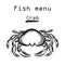 Crab. Sea food menu label. Fish restraunt background.