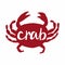 Crab silhouette with lettering. Hand drawn red underwater creature with text for cafe restaurant menus, goods packaging vector