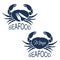 Crab silhouette with symbol of menu and symbol of knife, fork. Seafood symbols on white background for produkt design or menu res