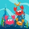 Crabs and cute fish swimming under the sea. Vector illustration