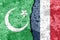 The crack between France and Islamic flags. The concept of islamic conflict, religios crisis and confrontation