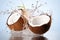 Cracked coconut with water splash, summer tropical concept.