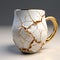 Cracked Coffee Mug With Golden Metal Pieces - Unique Zbrush Style Design