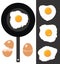 Cracked eggs, fried eggs and frying pan, vector
